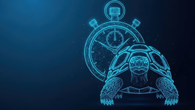 A digital wireframe turtle and stopwatch symbolize the concept of slow time and speed measurement
