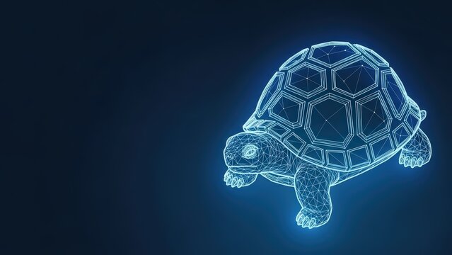 A futuristic digital wireframe model of a turtle with a glowing blue mesh on a dark background