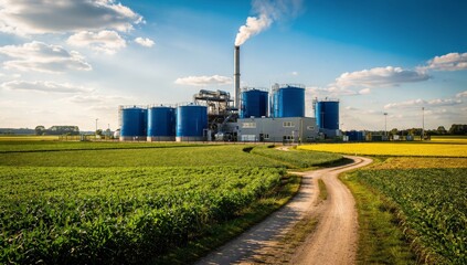 Sunny rural landscape featuring a modern industrial processing plant with large blue storage tanks and a tall chimney emitting a plume of white steam.