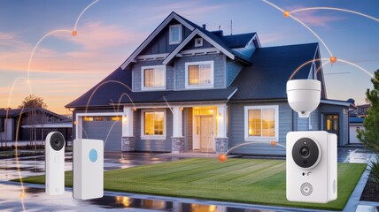 Smart Home Security System with Connected Cameras and Network Overlay at Twilight