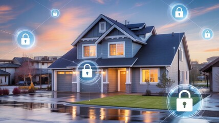 Modern Home with Digital Security Shield and Wi-Fi Network Icons at Night