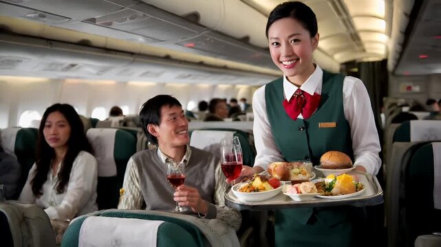 flight attendant serving food in airplane cabin.