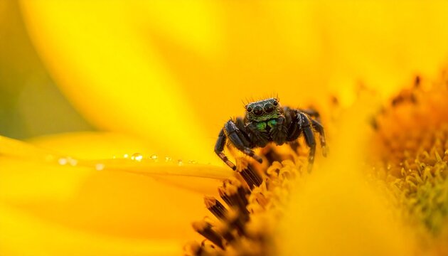 A small firefly resting on the yellow petals of a sunflower viewed from a close-up perspective