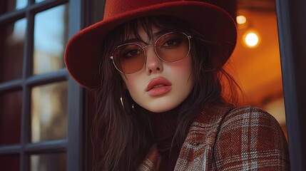 Close-up portrait of a stylish woman wearing a red felt hat, round sunglasses, and a plaid jacket, looking directly at the camera with a confident expression.