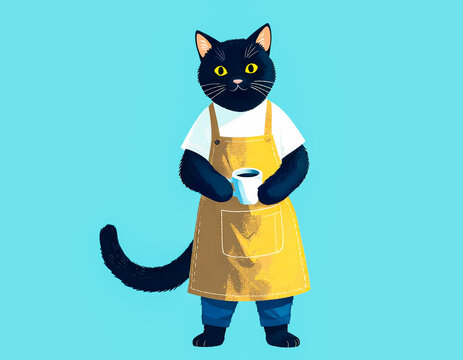 生成AIイラスト｜コーヒーを持つバリスタ風の黒猫キャラクター
