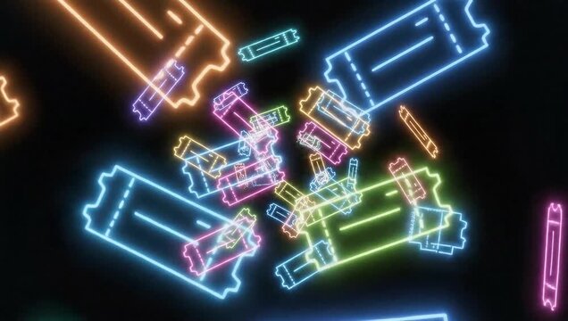 Neon Tickets Falling and Twirling in a Dark Space.