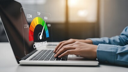 Business professional analyzing credit risk on a laptop, with a digital gauge displaying low to high credit ratings, emphasizing financial assessment and risk management