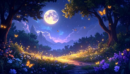 Enchanting nocturnal landscape a moonlit forest path, butterflies, glowing flowers, trees, mountains, night sky