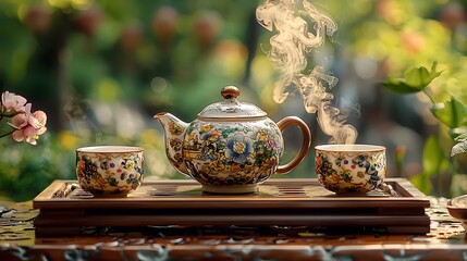 Traditional Asian teapot and steaming teacups on a wooden tray in a serene garden for a peaceful tea ceremony.