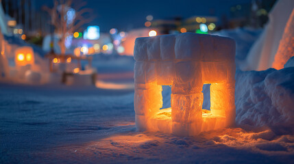 Sapporo Snow Festival event in Hokkaido Japan features illuminated snow sculptures at night