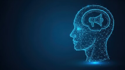 Obraz premium Abstract digital representation of a robotic head and brain with glowing connections against a dark blue background