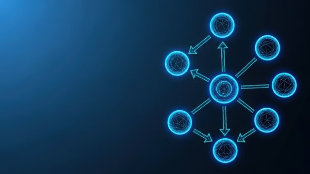 Abstract glowing blue network of connected nodes and data flow against a dark digital background