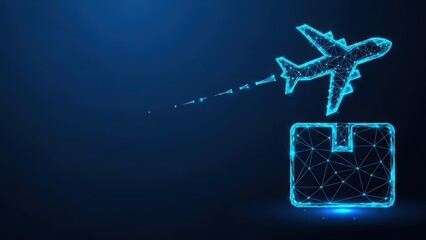 An airplane digitally depicted in a wireframe design taking off from a cargo container symbol with a dark blue background representing global logistics and air transport services