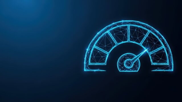 Abstract speedometer with neon blue digital wireframe and needle indicating high performance on a dark tech background