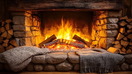 Cozy Stone Fireplace with Roaring Fire, Burning Logs, and Stacked Firewood, Featuring Soft Blankets and a Pillow