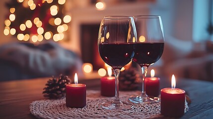 Two Glasses of Red Wine with Lit Candles and Pinecones on a Table with Bokeh Christmas Lights in a Cozy, Festive Setting