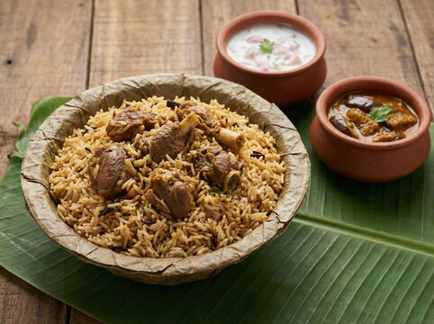 Traditional Seeraga Samba Mutton Biryani served in eco-friendly Donne leaf bowl with Onion Raita and Brinjal Curry on banana leaf background