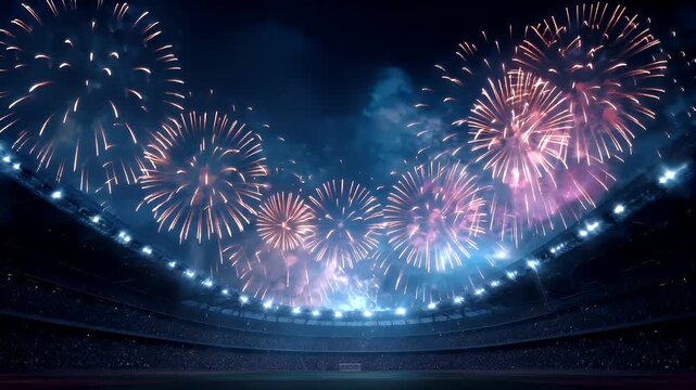 A vivid, highresolution digital artwork of a stadium during a fireworks display. The fireworks are a brilliant display of colors, predominantly pink, blue, and white.