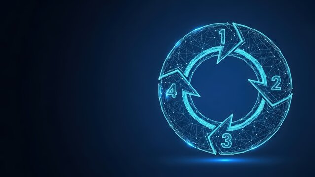 Circular process diagram showing four numbered stages of workflow and business development with glowing blue polygonal design on dark background