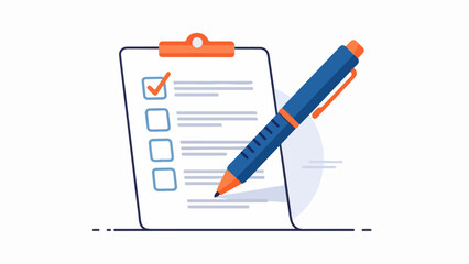 Flat design illustration of a clipboard with a checklist and a pen on a neutral background
