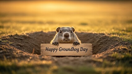 Groundhog emerging from burrow holding wooden sign, celebrating seasonal tradition, surrounded by soft grass and warm sunlight, symbolizing anticipation of spring and winter's end