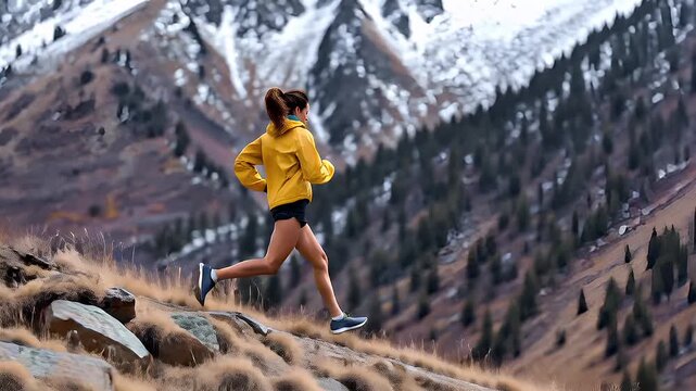 A woman in a yellow jacket and black shorts is captured midstride as she runs against a backdrop of snowcapped mountains.