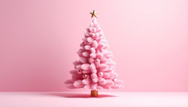 Elegant Pink Christmas Tree with Golden Star Ornament on a Pink Background.