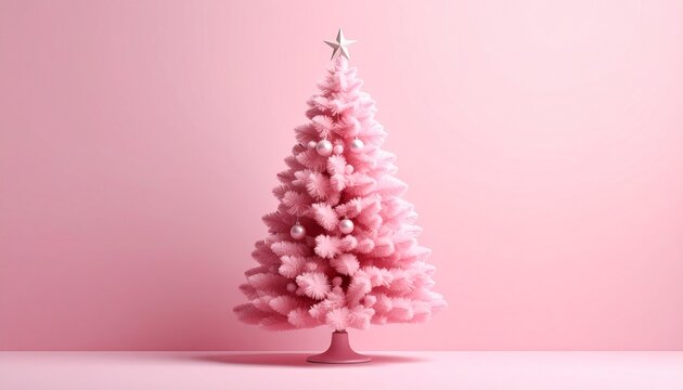 Elegant Pink Christmas Tree with Star Ornament on a Monochromatic Background.