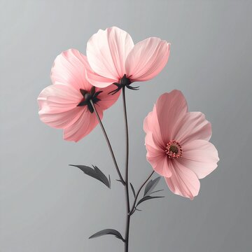 Elegant Pink Cosmos Flowers Blooming Against a Soft Gray Background, Natures Beauty.