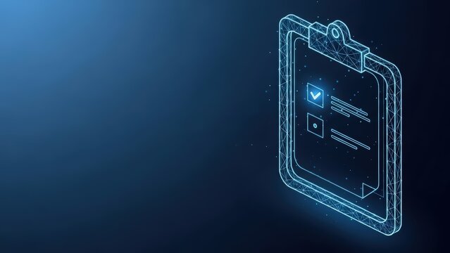 Digital clipboard with checklist and completed tasks represented by wireframe style on blue background