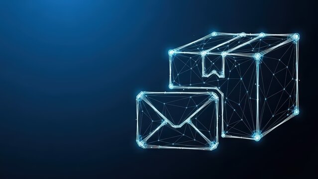 Digital delivery service represented by glowing wireframe envelope and package on a dark blue abstract background