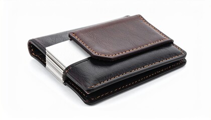 Elegant Black Leather Wallet with Silver Clip and a Smaller Brown Card Holder on Top.