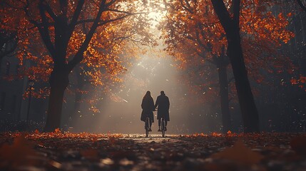 Romantic fall bike ride: Couple cycling on a sun-drenched autumn path amidst vibrant orange and golden leaves, ethereal light, and falling foliage.