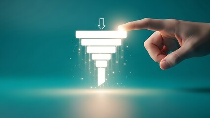 Hand interacting with glowing white bars and arrow on teal background technology concept