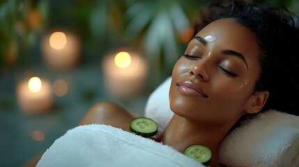 Woman relaxing with eyes closed during a spa facial treatment with cucumber slices and warm candlelight.