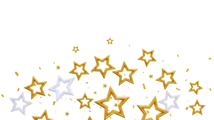 Golden stars and confetti falling on white background