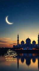 Serene evening scene with a mosque silhouetted against a colorful sky, crescent moon, and Arabic calligraphy