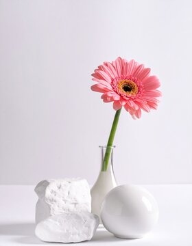 Elegant Pink Gerbera Daisy in Minimalist White Vase with Sculptural Decor on White Surface.