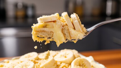 A fork lifts a creamy banana pudding dessert layered with biscuits and fresh banana slices, ready to be savored.
