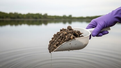 A gloved hand holding a soil sample collected from water during environmental testing