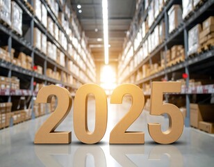 Large golden numbers "2025" in a warehouse aisle filled with stacked cardboard boxes, bright light in the distance