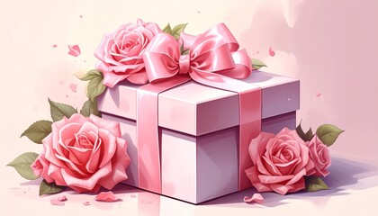 Elegant Pink Gift Box Adorned with Roses and a Delicate Ribbon for Special Occasions.