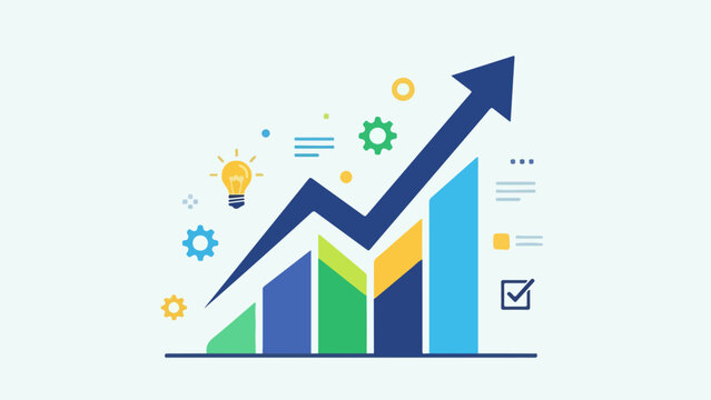 Dynamic bar graph with upward arrow and achievement icons on light gray background
