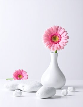 Elegant Pink Gerbera Daisy in White Vase with Stones, Minimalist Floral Arrangement.