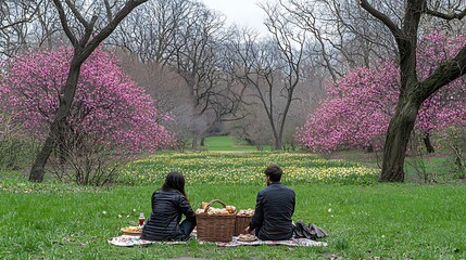 Couple Having Romantic Spring Picnic in Park with Blooming Pink Trees and Daffodils