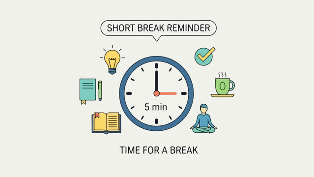 Digital illustration of a blue clock with break-time icons and a meditative figure