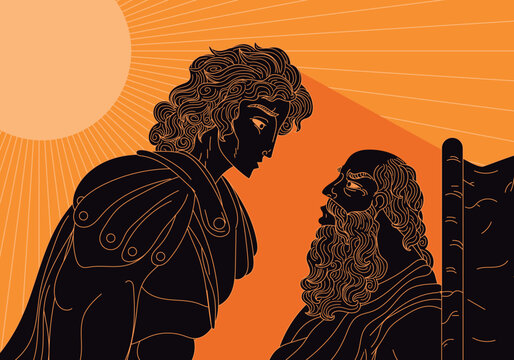 diogenes speaking with alexander the great in orange greek vase style