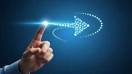 Hand pointing to glowing arrow made of white dots on blue background technology concept