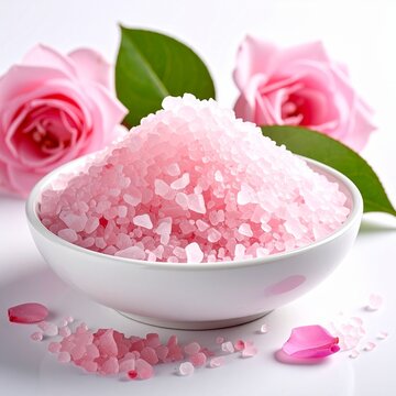 Elegant Pink Himalayan Salt Crystals in a White Bowl with Roses and Green Leaves.