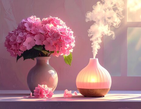 Elegant Pink Hydrangea Bouquet and Aromatherapy Diffuser on a Sunny Window Sill.